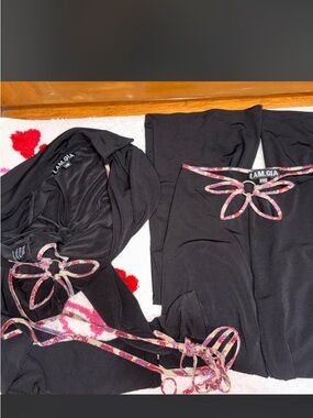 I.AM.GIA Black Wrap Crop Top & Low-Rise Pants Set with Pink Trim